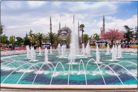 Blue Mosque fontain sunny day The Sultan Ahmed Mosque (Turkish: Sultan Ahmet Camii) is a historic mosque in Istanbul. The mosque is popularly known as the Blue Mosque for the blue tiles...